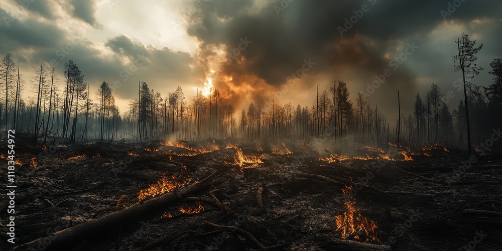 Dramatic landscape showcasing the aftermath of a fire, illustrating the stark transformation of the environment. This dramatic landscape captures the resilience and changes following fire events.