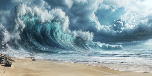 Fototapeta Naklejka Na Ścianę i Meble -  Massive tsunami wave crashing onto an empty beach showcases the power of nature. This stunning tsunami wave highlights immense force as it breaks dramatically, creating a breathtaking scene.