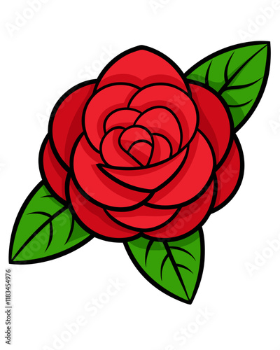 Red Camellia Flower with Leaves Vector Illustration, Elegant Floral Design