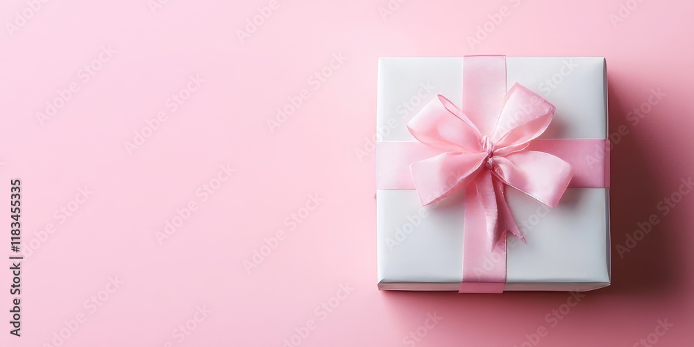 A gift box adorned with a bow is placed on a pink tabletop, leaving ample room for additional text or messages in the surrounding space. A gift box adorned with a bow is placed on a pink tabletop, leaving ample room for additional text or messages in the surrounding space.