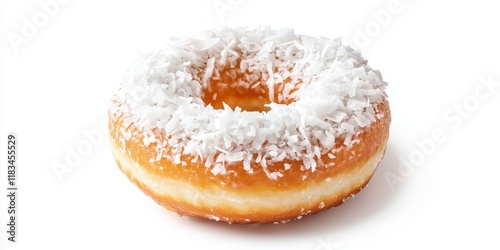 Delicious donut topped with coconut shavings, showcasing the amazing texture and flavor of this tasty donut against a clean white background, making the tasty donut truly stand out. photo