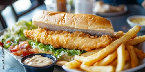 Fried flounder sandwich served alongside delicious side dishes at a seafood dining establishment, showcasing the tempting fried flounder and appetizing accompaniments on the menu. photo