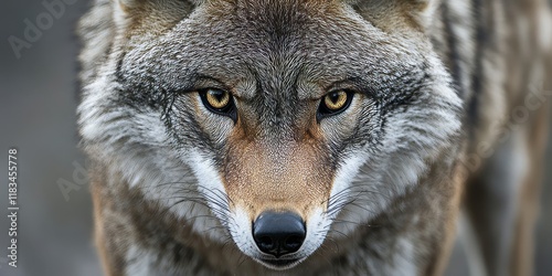 A fierce and aggressive looking coyote Canis latrans captured in close up, showcasing the intense features and expressions of this wild coyote. The coyote s gaze conveys raw emotion and strength. photo