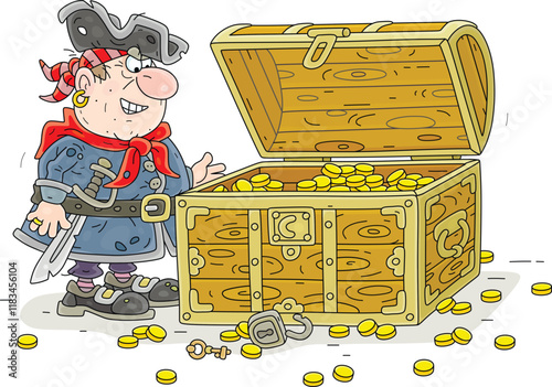 Funny greedy for money sea pirate and an old treasure chest full of golden coins from a boarded ship, vector cartoon illustration on a white background
