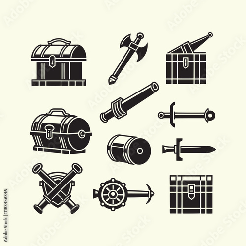 Collection of medieval weapons and treasure icons designed in black silhouette style for gaming or illustration purposes