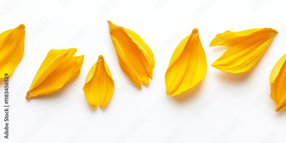 Isolated yellow petals, featuring a group of sunflower petals and an orange blossom design, showcase vibrant yellow petals against a clean white background for stunning visual appeal. Isolated yellow petals, featuring a group of sunflower petals and an orange blossom design, showcase vibrant yellow petals against a clean white background for stunning visual appeal.