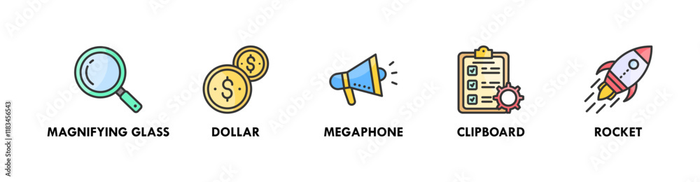 Key Performance Indicators banner web icon illustration concept with icon of magnifying glass, dollar, megaphone, clipboard, and rocket Key Performance Indicators banner web icon illustration concept with icon of magnifying glass, dollar, megaphone, clipboard, and rocket