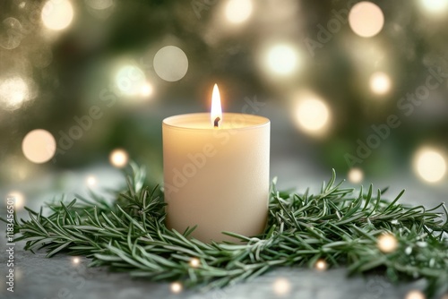 Festive rosemary candle, bokeh lights, holiday decor photo