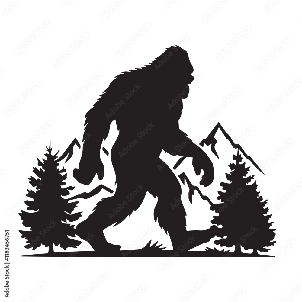 Fototapeta premium Bigfoot Silhouette Vector illustration. Squatchin. Gorilla. Bigfoot Yeti Black Isolated On White Vector Design