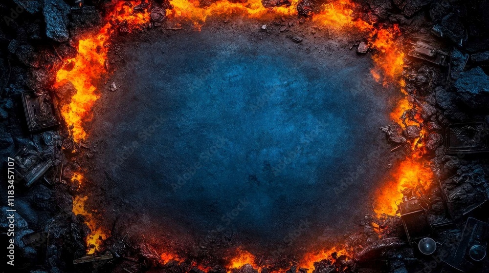Fototapeta premium Dramatic background featuring a fiery border with a dark central area suitable for creative design and storytelling