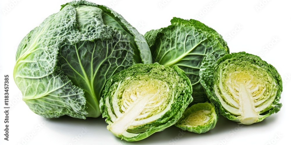 Green cabbage isolated on a white background with a clipping path. This cabbage image showcases the whole cabbage, cabbage halves, slices, and pieces, highlighting the versatility of cabbage. Green cabbage isolated on a white background with a clipping path. This cabbage image showcases the whole cabbage, cabbage halves, slices, and pieces, highlighting the versatility of cabbage.