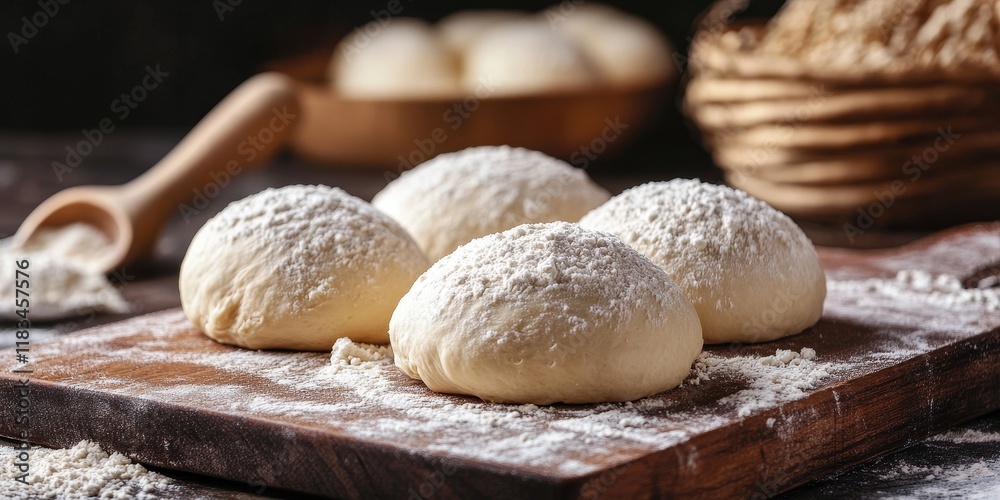 Pastry and wheat flour arranged on a cutting board, showcasing fresh yeast dough for homemade buns. A culinary background featuring pastry and wheat flour for baking enthusiasts. Pastry and wheat flour arranged on a cutting board, showcasing fresh yeast dough for homemade buns. A culinary background featuring pastry and wheat flour for baking enthusiasts.