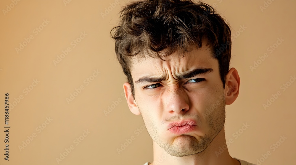 A young man looking confused, furrowing his brow and biting his lip, with a muted beige background A young man looking confused, furrowing his brow and biting his lip, with a muted beige background