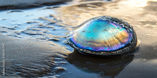 Closeup of an abalone shell resting on wet sand, showcasing the stunning colors and textures of the abalone shell, beautifully contrasted against the shiny wet sand beneath.