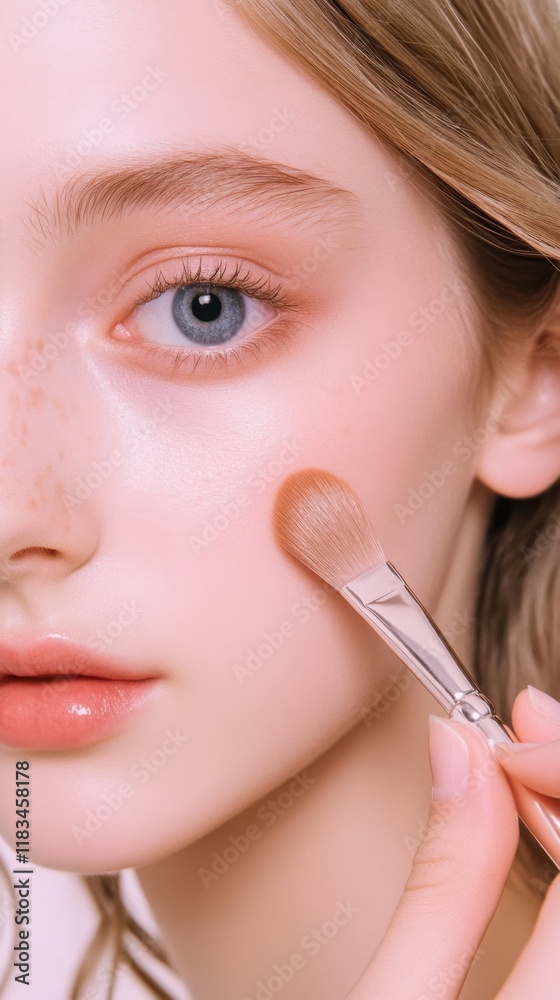 Close-Up Young Blonde Woman Applying Liquid Foundation with Makeup Brush Close-Up Young Blonde Woman Applying Liquid Foundation with Makeup Brush