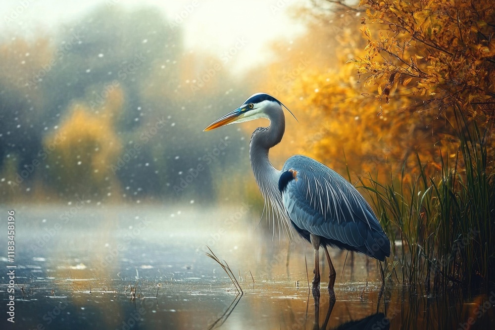Fototapeta premium Experience peaceful beauty of a marsh as a graceful blue heron exudes