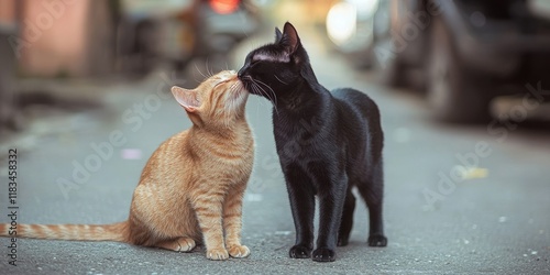 A black cat shows affection by licking a brown cat on the street, highlighting the care among street animals and their unique interactions in the urban environment.