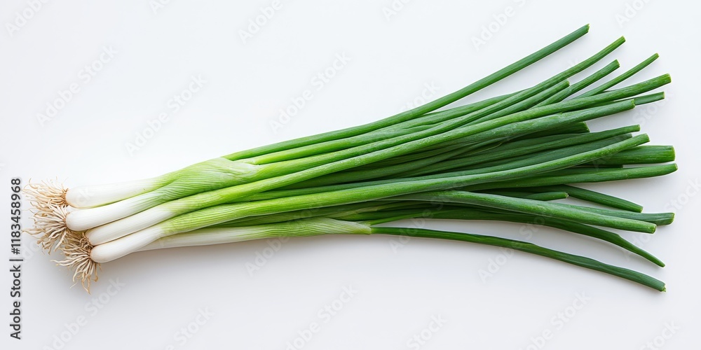 Green onion displayed in isolation on a white background. A top view flat lay showcasing the vibrant green onion, highlighting its fresh appearance and unique texture for culinary use. Green onion displayed in isolation on a white background. A top view flat lay showcasing the vibrant green onion, highlighting its fresh appearance and unique texture for culinary use.