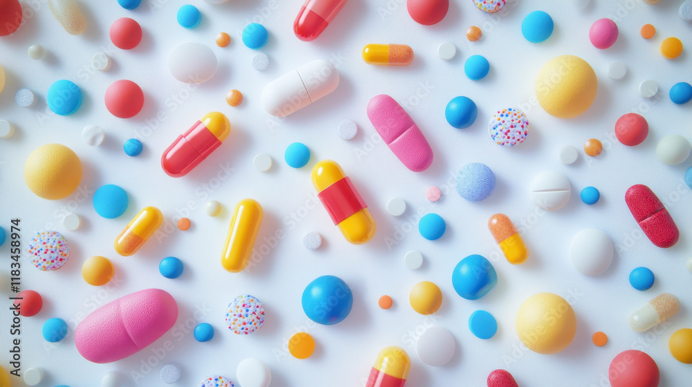 A collection of colorful pills and capsules of various shapes and sizes, scattered artistically on a bright white background. A collection of colorful pills and capsules of various shapes and sizes, scattered artistically on a bright white background.