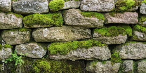 Close up of an ancient stone wall adorned with moss, showcasing a natural stone texture. This ancient stone wall offers a unique perspective on nature s influence on stone surfaces. photo