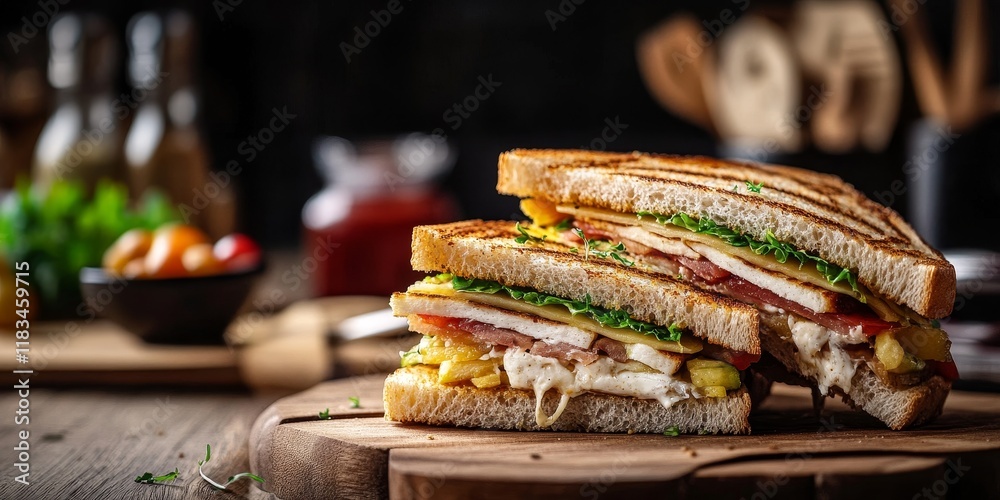 Rustic kitchen backdrop featuring a fresh club sandwich, emphasizing the cozy atmosphere perfect for presenting a delicious club sandwich in a charming culinary setting. Rustic kitchen backdrop featuring a fresh club sandwich, emphasizing the cozy atmosphere perfect for presenting a delicious club sandwich in a charming culinary setting.