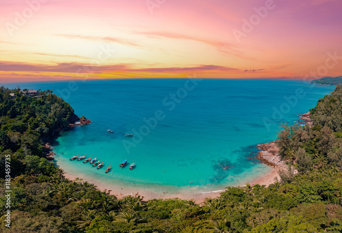 Banner Travel photo Thailand. Aerial view turquoise water, tropical beach Phuket with longtail boat photo