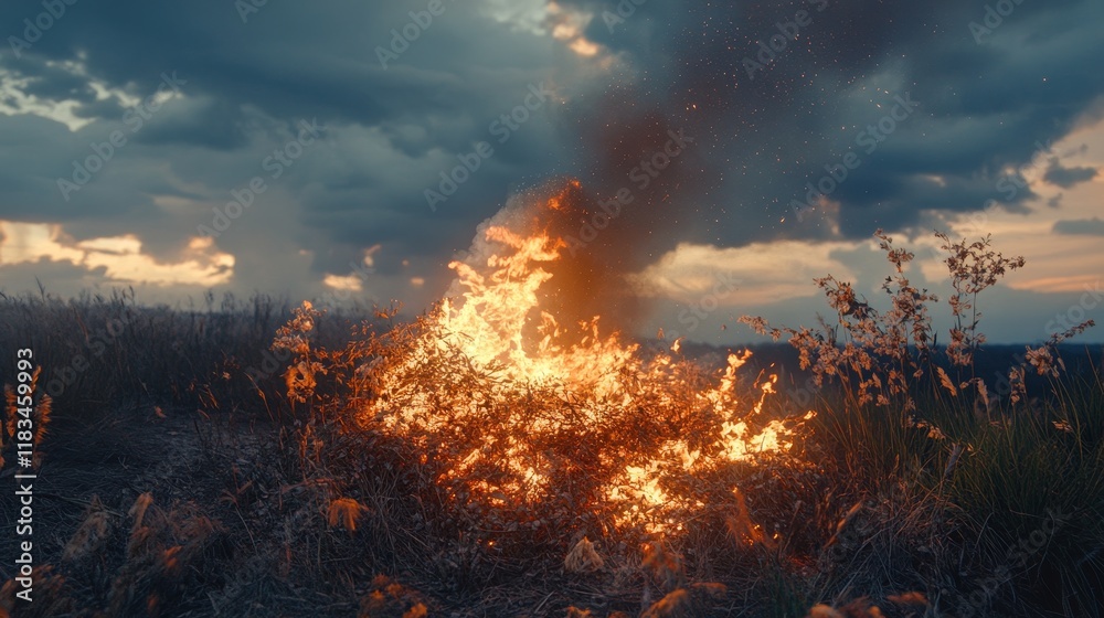 Fototapeta premium A bonfire made of dry plants burns brightly, creating a captivating scene with fire and smoke rising from the land plot, illustrating the essence of a bonfire in nature.