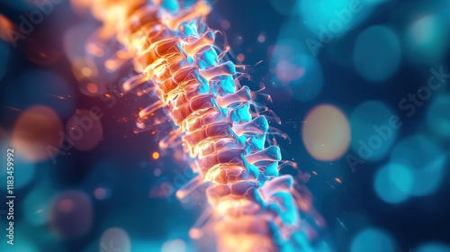 Medical concept of spinal fusion with integrated vertebrae and light effects. photo