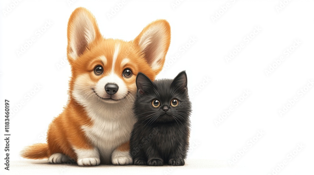 Obraz premium A friendly corgi and an adorable black cat sit together, showcasing their charming expressions and companionable nature.
