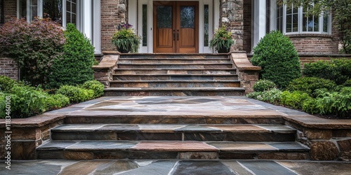 Flagstone steps gracefully guide the way to an elegant double front door with distinctive wood grain, showcasing a beautiful entrance to any charming home with flagstone steps. photo