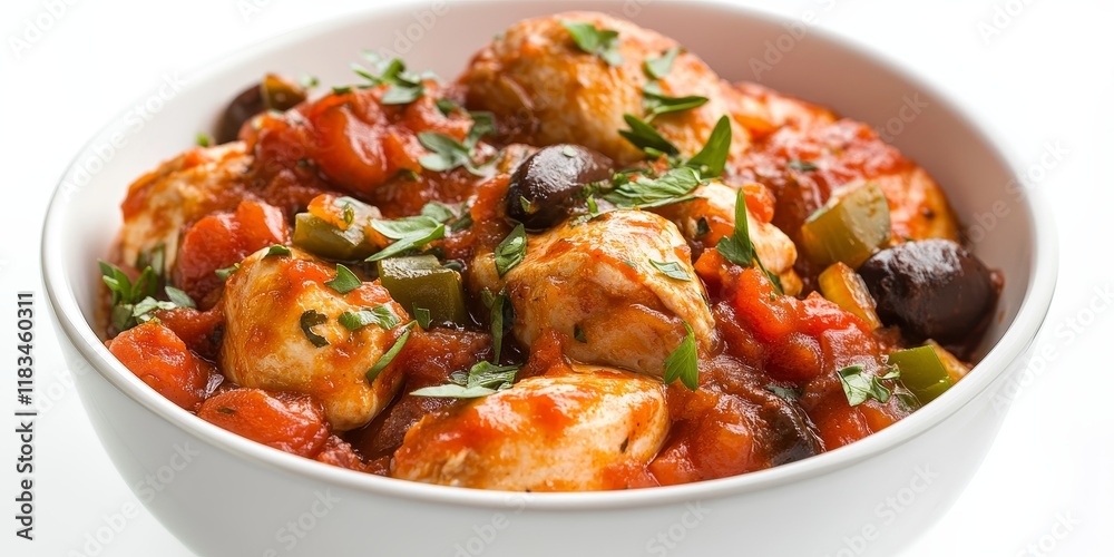 Delicious chicken cacciatore served in a stylish southwestern bowl, highlighting the vibrant flavors of chicken cacciatore against a clean white background. Enjoy this hearty meal of chicken Delicious chicken cacciatore served in a stylish southwestern bowl, highlighting the vibrant flavors of chicken cacciatore against a clean white background. Enjoy this hearty meal of chicken