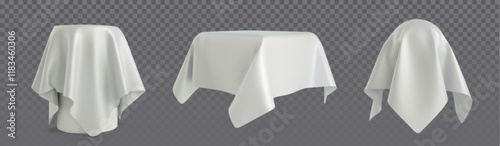 Cover cloth set with three realistic white draped fabric reveal effects - floating textiles arranged for mystery unveiling presentation. Digital overlay, product showcase or magic trick composition.