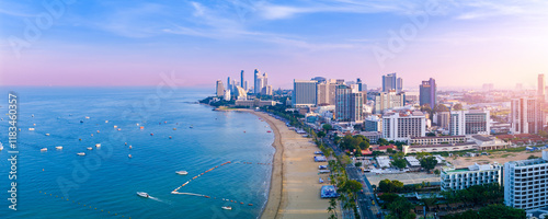 Panorama city Pattaya, sunrise on beach promenade Walking street. Aerial view landscape Thailand