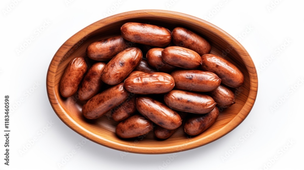 A bowl of shiny, reddish-brown sausages arranged neatly, showcasing their smooth texture and appetizing appearance. A bowl of shiny, reddish-brown sausages arranged neatly, showcasing their smooth texture and appetizing appearance.