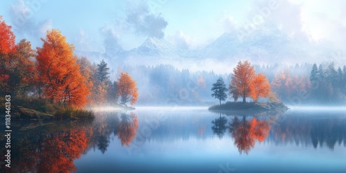 Serene calm lake in autumn showcasing mist and stunning reflections in the water, creating a peaceful and tranquil scene at the calm lake that enchants viewers with its beauty. photo