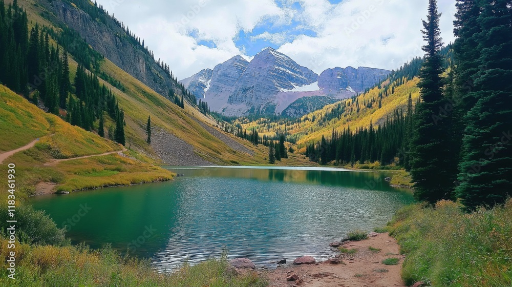 Lake surrounded by lush green pine trees and snow capped mountains Lake surrounded by lush green pine trees and snow capped mountains