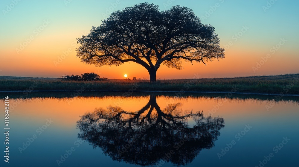 Fototapeta premium Sunrise silhouette of a large tree reflected in a calm pond.