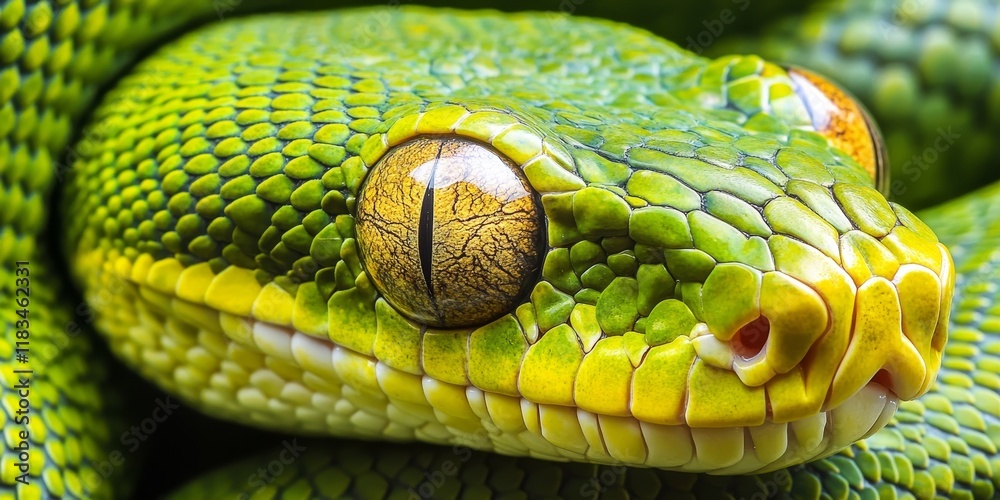 Fototapeta premium Close up of a green tree python showcasing its vibrant scales and unique features, highlighting the intricate details of the eye of a green tree python in a captivating manner.