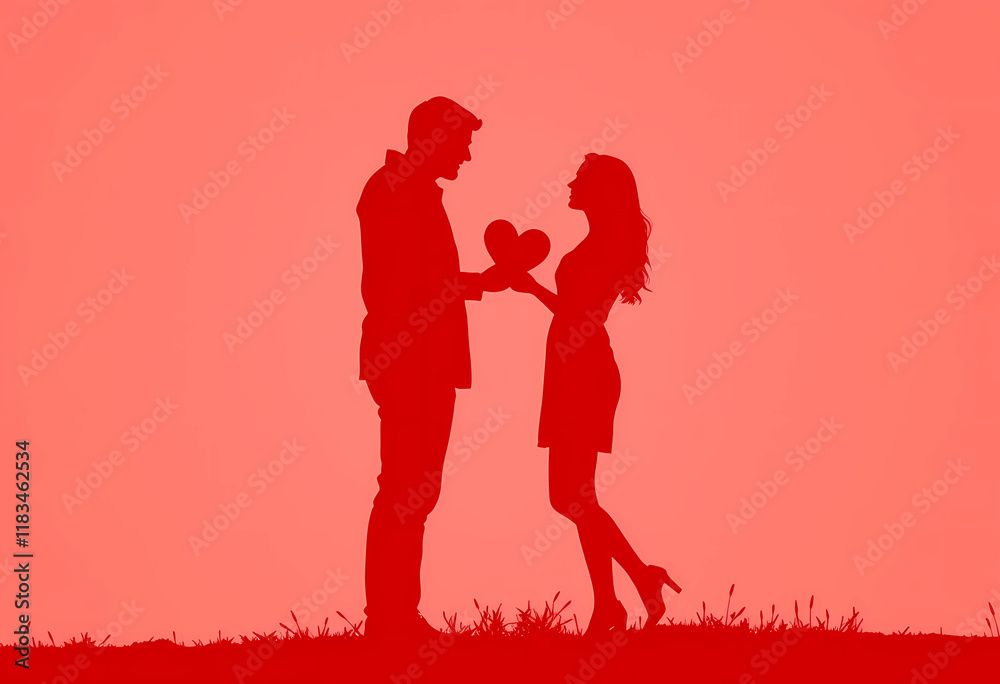 Valentine's Romantic Couple Silhouette - Love in Red with Passionate Vibes and Copy space Valentine's Romantic Couple Silhouette - Love in Red with Passionate Vibes and Copy space