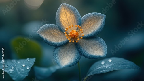 Close-up of a single, blueish-white flower with dew drops on leaves.