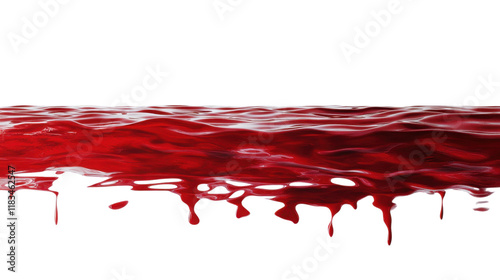 A pool of blood with a reflective surface and rich crimson color, set against a stark white background.