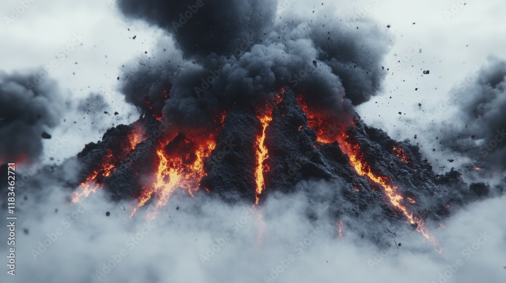 A realistic depiction of a volcano mid-eruption, with molten lava flowing down its sides and dark smoke billowing, centered on a stark white background. A realistic depiction of a volcano mid-eruption, with molten lava flowing down its sides and dark smoke billowing, centered on a stark white background.