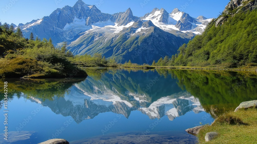Fototapeta premium Lake surrounded by lush green pine trees and snow capped mountains 