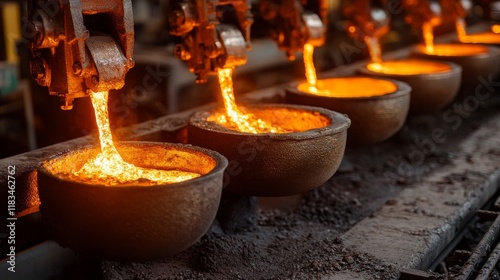 Overview of copper casting into molds during the smelting process in an industrial facility. Smelting involves using heat to extract a base metal from ore, highlighting the significance of copper