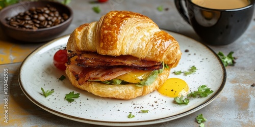 Delicious croissant sandwich paired with a rich black coffee, perfect for breakfast or brunch. Enjoy the delightful flavors of a croissant sandwich alongside a warming cup of black coffee. photo