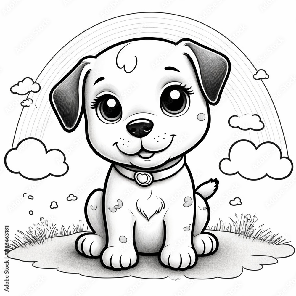 Naklejka premium puppy and rainbow coloring page.