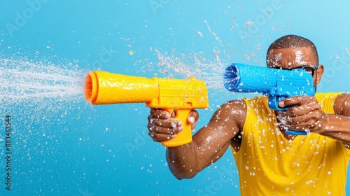 A joyful summer scene with a young man playfully splashing water while wielding colorful squirt guns against a bright blue background.