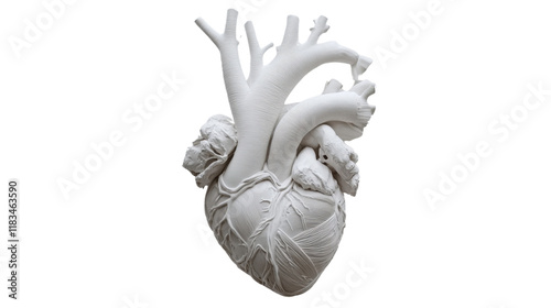 A simplified yet realistic human heart model, with clear details of major vessels and textures, centered on a pristine white background.