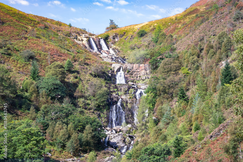 View of nice looking Rhiwargor waterfall north of Lake Vyrnwy, Wales.