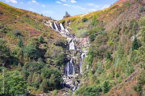 Obraz na płótnie View of nice looking Rhiwargor waterfall north of Lake Vyrnwy, Wales. w salonie